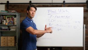 Mike Mutzel stands in front of a white board labeled “Blood Testing” and related information while giving a lecture on blood testing.