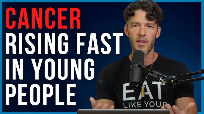 A photo of Mike Mutzel speaking into a microphone with the words "Cancer Rising Fast in Young People" written across the page.